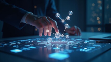 A person connects floating flowchart nodes on a table with strategy tools, illuminated by glowing UI overlays, for business strategy.