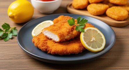 Delicious Crispy Breaded Chicken Cutlets with Fresh Lemon Wedges and Parsley Garnish