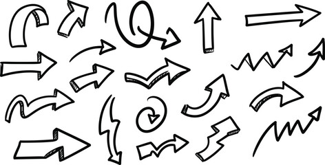 Hand drawn sketch arrows collection, vector doodle style, black arrow icons, curve, swirl, zigzag, outline, isolated on white