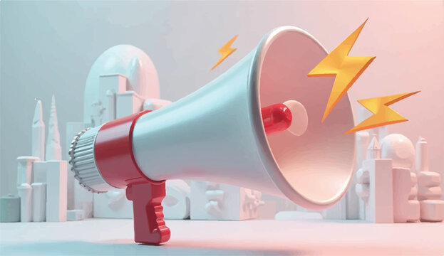Marketing or advertising concept, 3d megaphone loudspeaker in realistic cute cartoon style. Vector illustrationBullhorn, loudspeaker icon. Loud speaker for sound amplifying, broadcast. Megaphone 