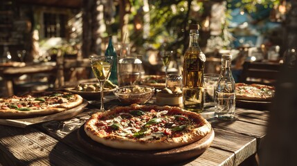 Fototapeta premium A delicious pizza on a marble table with wine glasses and soft lighting in a cozy setting.