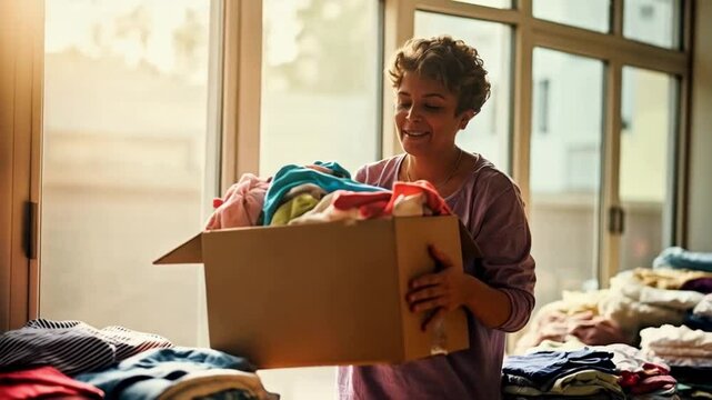 Giving Back: A Woman Donating Clothes with a Smile of Kindness