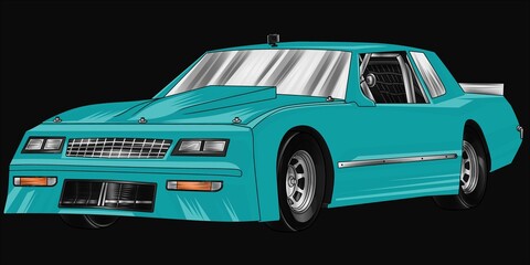 blue and painted racing car. Isolated in black background, for t-shirt design.