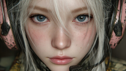 Digital Art Anime Girl Gaming Face Closeup.