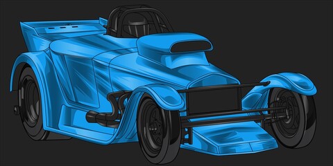 Blue and painted racing car. Isolated in black background, for t-shirt design.