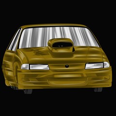 Drak yellow and painted racing car. Isolated in black background, for t-shirt design.