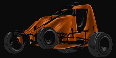orange and painted racing car. Isolated in black background, for t-shirt design.