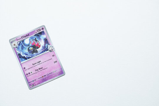 Steven's Claydol pok&eacute;mon trading card shot on a white paper background. Bradford, UK, Jul 10 2025