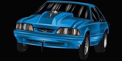 Blue and painted racing car. Isolated in black background, for t-shirt design.