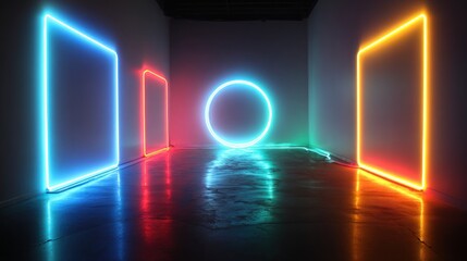 Fototapeta premium Neon geometric shapes in modern room