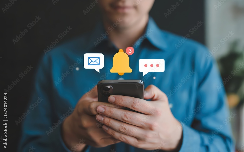 Poster man checks smartphone with notification icons for messages, alerts, and emails online