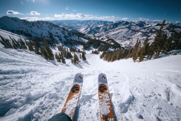 Skiers' perspective on a snowy mountain slope