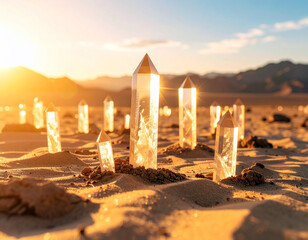 Surreal desert scene with crystal structures rising from sand, golden hour lighting, 