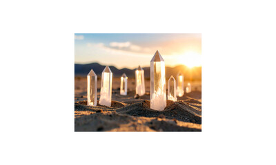 Surreal desert scene with crystal structures rising from sand, golden hour lighting, 