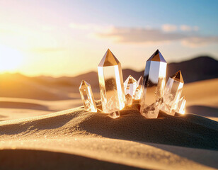 Surreal desert scene with crystal structures rising from sand, golden hour lighting, 