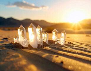 Surreal desert scene with crystal structures rising from sand, golden hour lighting, 