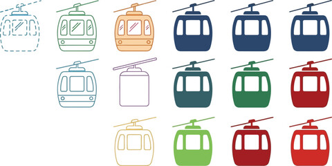 A collection of fifteen cable car illustrations in different colors and styles