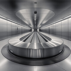 Empty Futuristic Baggage Carousel in Airport. Symmetrical view of a sleek, modern baggage carousel in an empty airport terminal, showcasing clean lines and futuristic design.