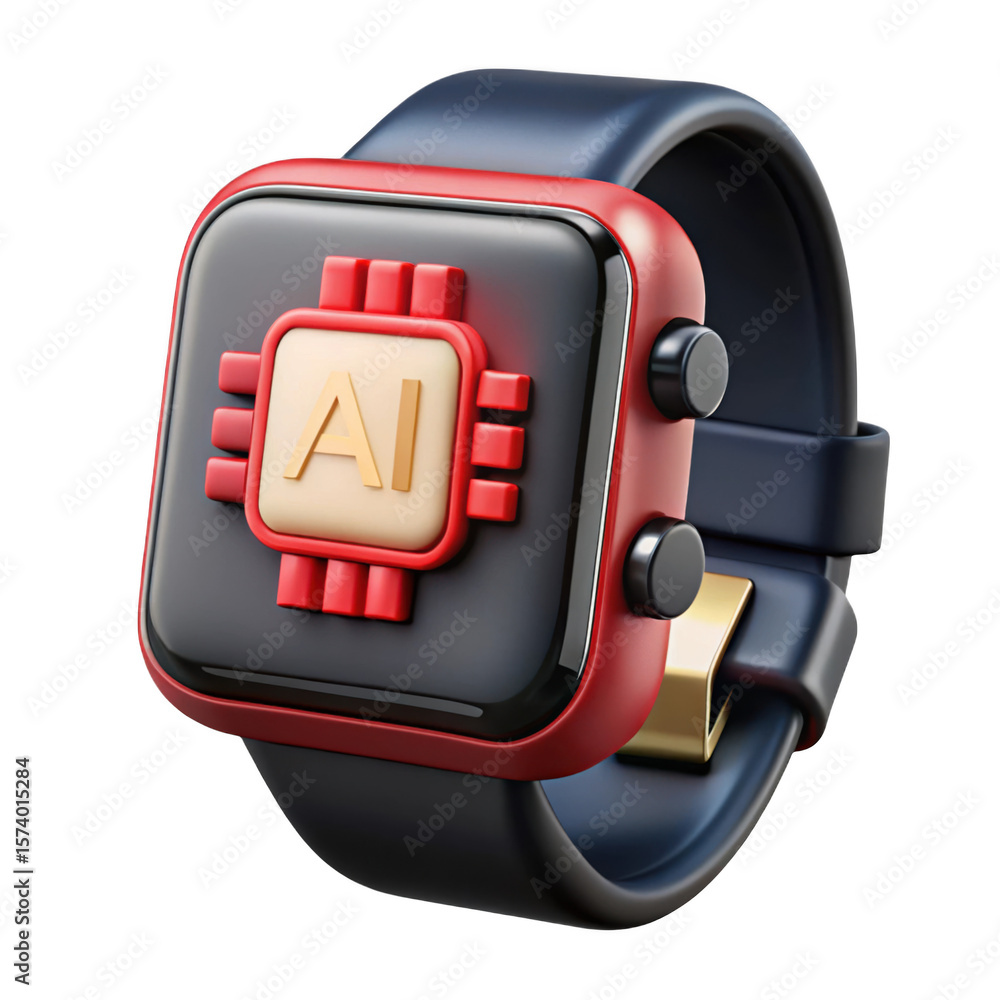 Poster 3d render of a modern smartwatch with ai chip icon isolated on transparent background