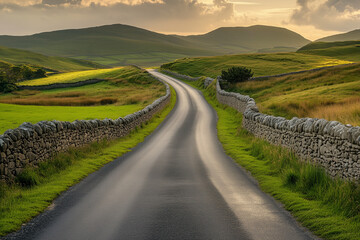 Winding Country Road with Stone Walls at Sunset. Picturesque countryside road flanked by stone walls, stretching into rolling green hills under warm evening light.
