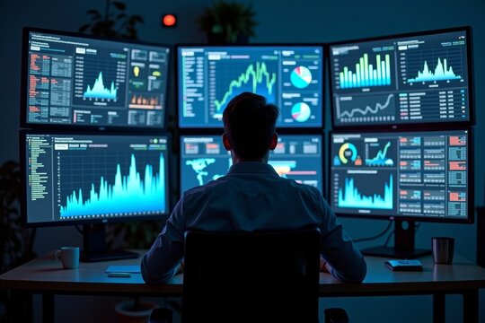 A data analyst immersed in complex data visualizations and KPI dashboards in a dimly lit room