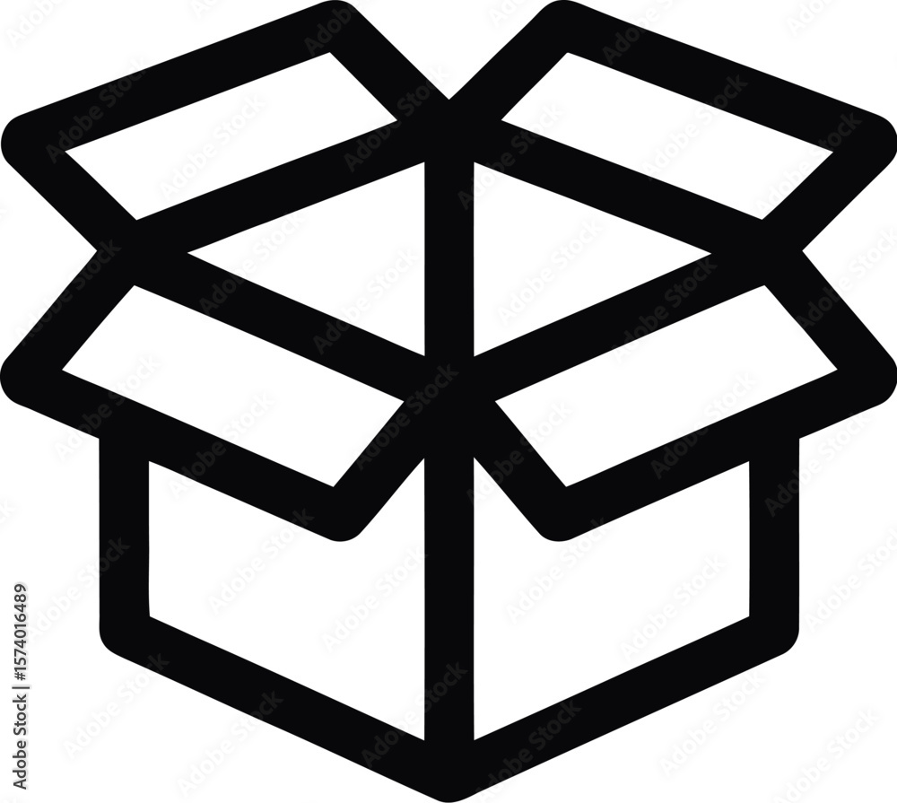 Aufkleber a minimalist line drawing of an open cardboard box centered on a plain light gray background plane