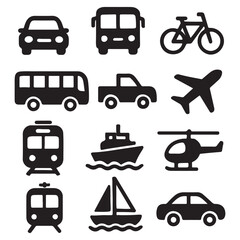 "Transport Icon Set – Black Silhouette Travel and Vehicle Symbols Collection"

