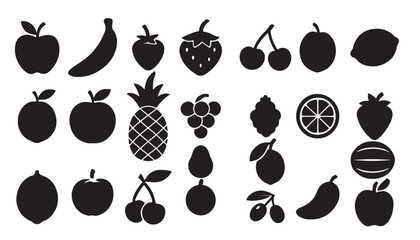 Black Fruit Icons Set with Banana, Apple, Strawberry, Pineapple, Cherry, and Citrus Silhouettes

