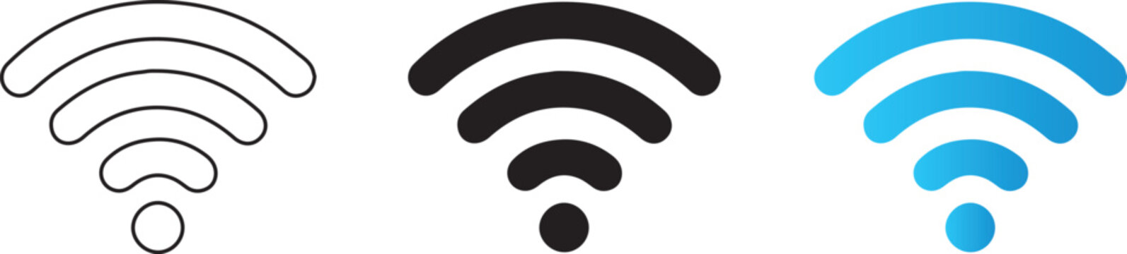 Three variations of the wifi symbol in outline black and blue gradient