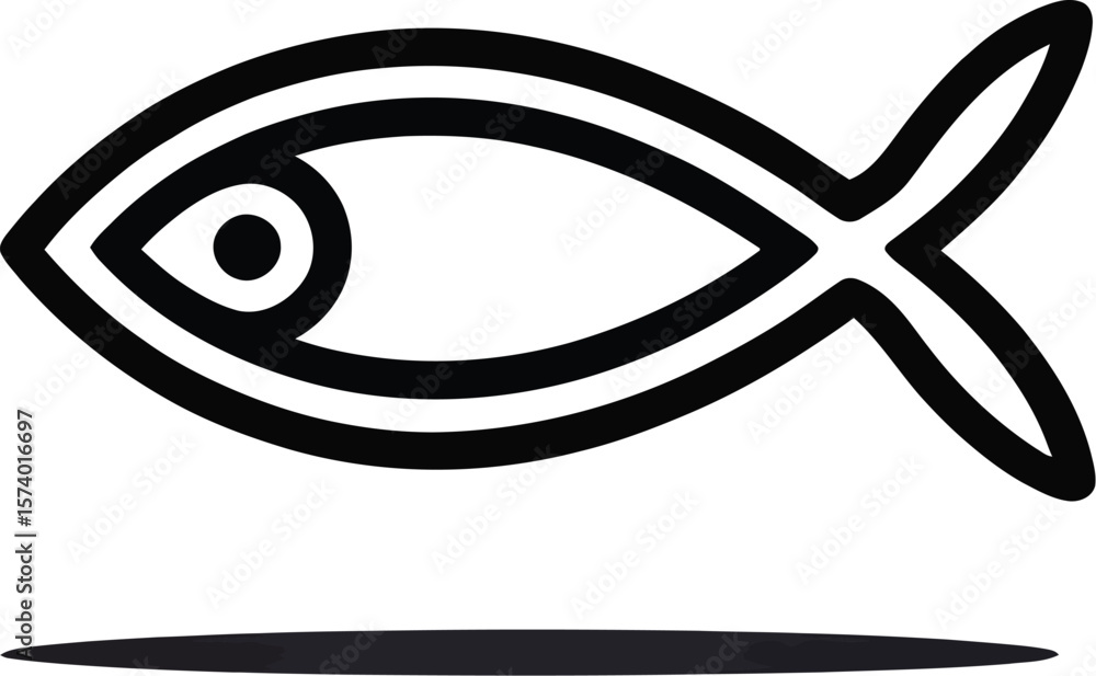 Poster a simple black and white illustration of a fish symbol with a shadow on a gradient background