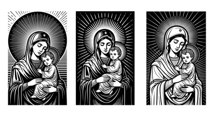 Black and White Madonna and Child, Religious Icon, Detailed Engraving Style