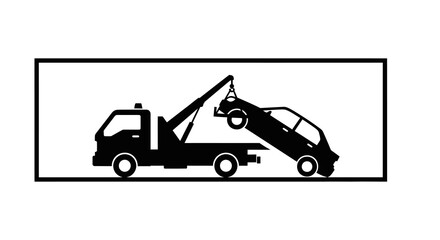 Black Tow Truck Lifting Car Silhouette in Frame, Transportation Icon