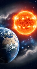 Obraz premium Earth and Sun in Space with Bright Solar Flare and Cosmic Background