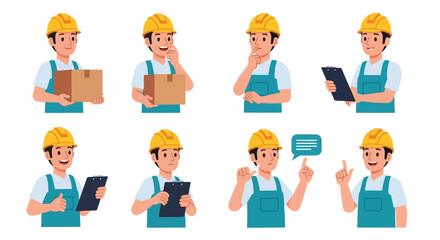 Cartoon Construction Worker Set with Yellow Helmet and Blue Overalls