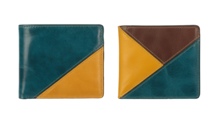 Teal brown yellow leather patchwork bi fold wallets isolated on a transparent background image