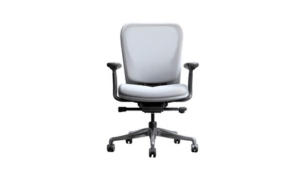 Isolated white office chair with adjustable arms and rolling base against a black background