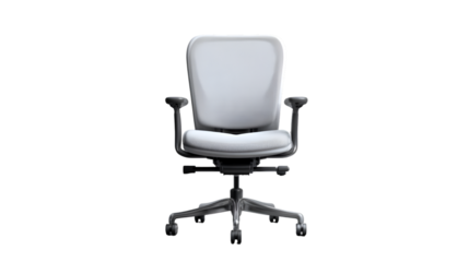 Isolated white office chair with adjustable arms and rolling base against a black background