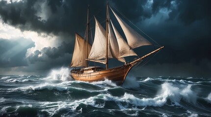 A majestic traditional wooden sailboat, its worn wooden hull weathered to a warm golden brown