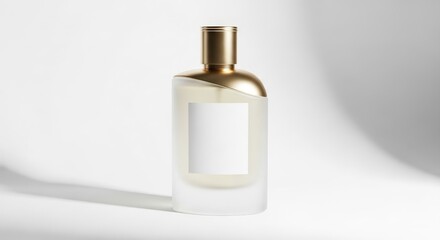 Naklejka premium A frosted glass perfume bottle with a gold cap and a white label on a white background with shadows