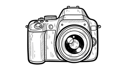 Hand-drawn DSLR Camera Sketch: Detailed Black and White Illustration of a Professional Photography Device