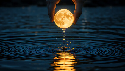 “Fantasy Concept of Hand Holding Glowing Moon with Water Ripples and Magical Reflection”