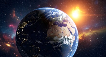 Naklejka premium Earth From Space with Sunlight Brightening Planet and Starry Background in Deep Space