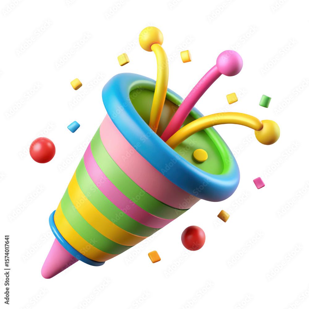 Poster colorful party popper exploding with streamers and confetti isolated on transparent background