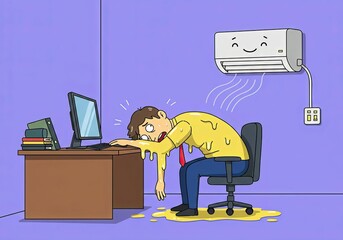 A man melting from heat at his desk with a happy air conditioner providing relief in an office environment. Dealing with extreme summer heat and cooling.