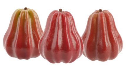 Three ripe red wax apples with green tops isolated on a transparent background fruit rose