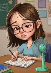 A young girl studying at a desk with a personal small fan, experiencing extreme hot weather and seeking essential cooling. Education and heat concept.