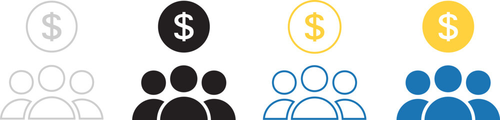 Crowdfunding icon showing a group of people with a dollar sign symbol. Perfect for finance, investment, and teamwork concepts.