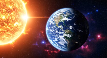 Fototapeta premium Earth and Sun in Space Showing Planetary Orbit and Cosmic Background