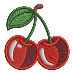 Embroidered Red Cherries with Green Leaf cherry fruit