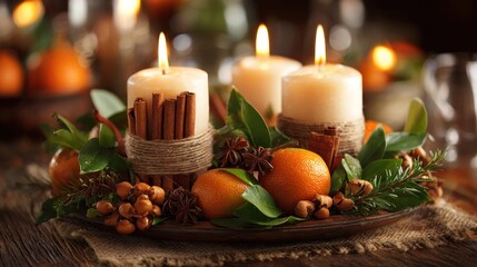 Festive candle centerpiece with oranges, cinnamon, and greenery